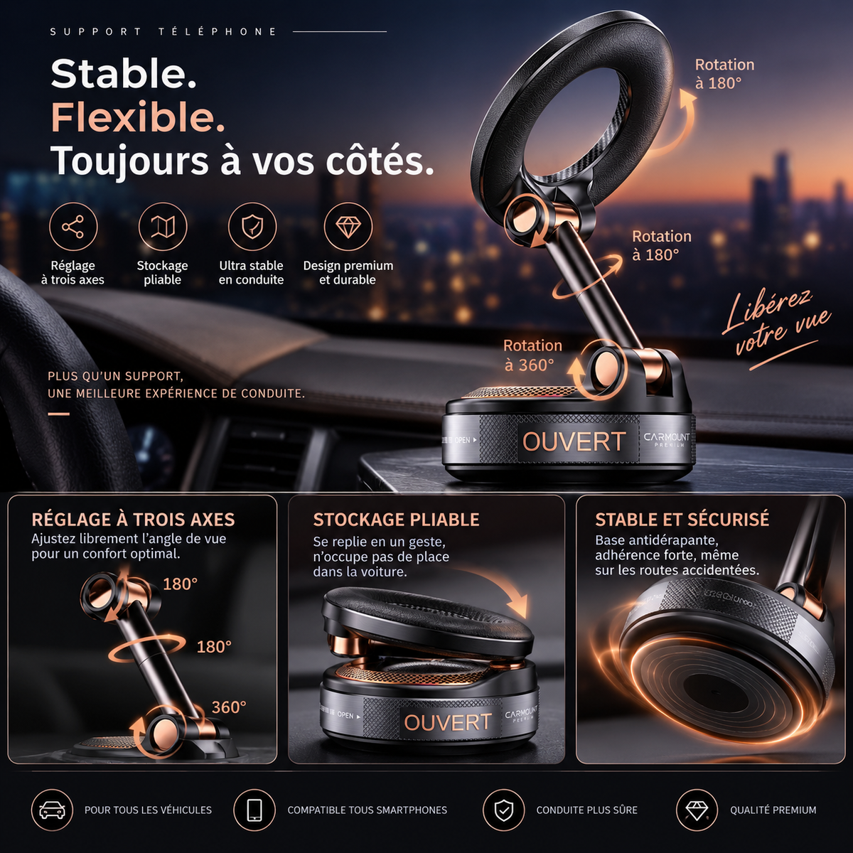 Support Téléphone Voiture Magnétique Aimanté — MagSafe & Qi2, Rotation 360°