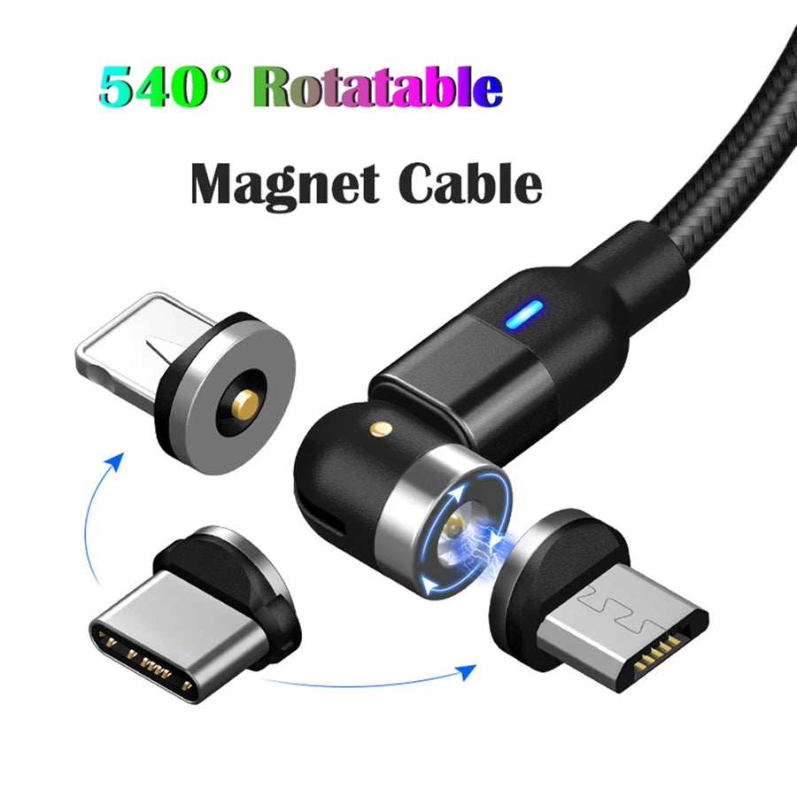 Câble de Charge Magnétique à Tête Rotative — USB-C, Micro-USB, Lightning